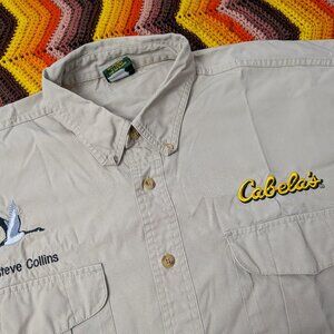 L TALL Cabela's Hunting Shirt Khaki Short Sleeve Goose Embroidery h344